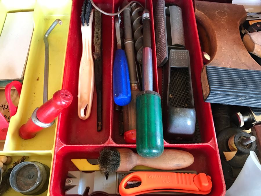 Vintage Red Sears CRAFTSMAN Rolling Toolbox Loaded With Tool Treasures Including Wood Planes, Vintage Hand Drills, Hand Files And Tons Of Hardware - SEE ALL PHOTOS [Photo 25]