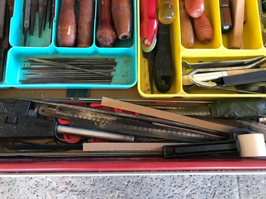 Vintage Red Sears CRAFTSMAN Rolling Toolbox Loaded With Tool Treasures Including Wood Planes, Vintage Hand Drills, Hand Files And Tons Of Hardware - SEE ALL PHOTOS [Photo 42]