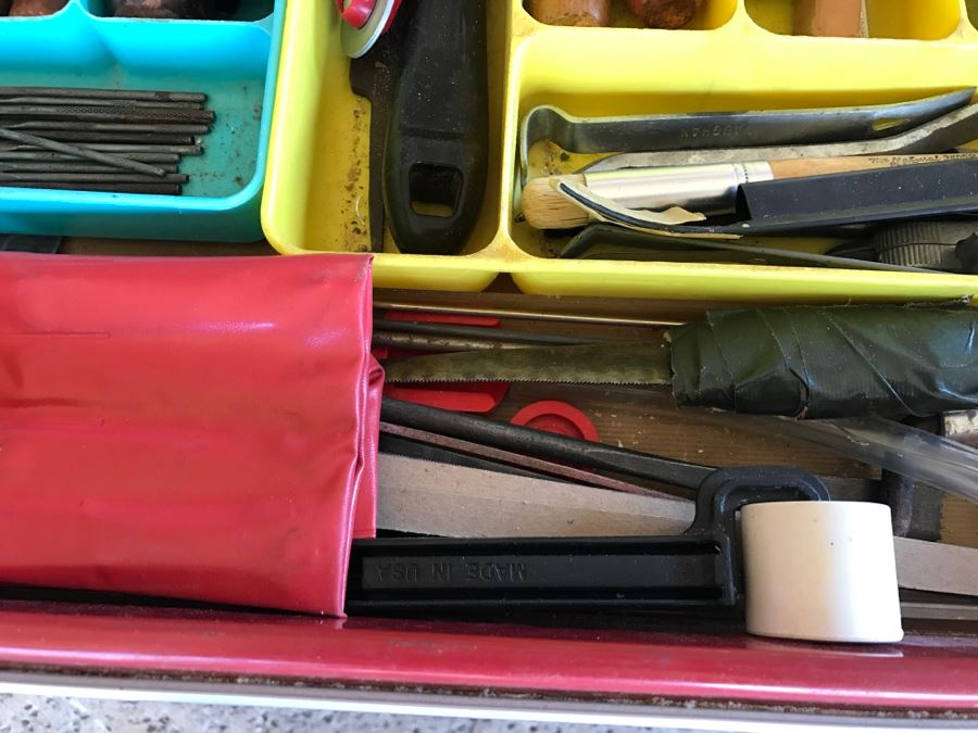 Vintage Red Sears CRAFTSMAN Rolling Toolbox Loaded With Tool Treasures Including Wood Planes, Vintage Hand Drills, Hand Files And Tons Of Hardware - SEE ALL PHOTOS [Photo 39]