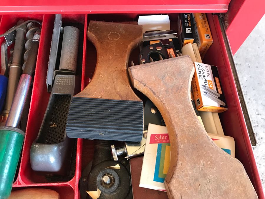 Vintage Red Sears CRAFTSMAN Rolling Toolbox Loaded With Tool Treasures Including Wood Planes, Vintage Hand Drills, Hand Files And Tons Of Hardware - SEE ALL PHOTOS [Photo 22]