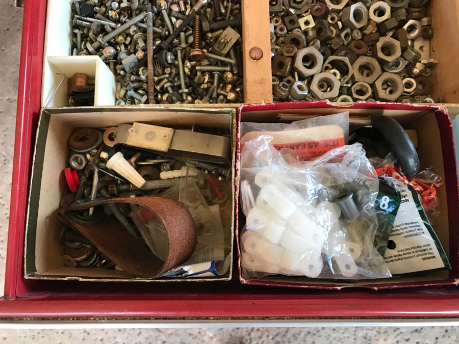 Vintage Red Sears CRAFTSMAN Rolling Toolbox Loaded With Tool Treasures Including Wood Planes, Vintage Hand Drills, Hand Files And Tons Of Hardware - SEE ALL PHOTOS [Photo 48]
