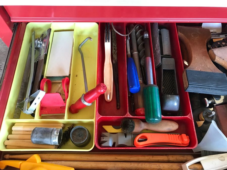 Vintage Red Sears CRAFTSMAN Rolling Toolbox Loaded With Tool Treasures Including Wood Planes, Vintage Hand Drills, Hand Files And Tons Of Hardware - SEE ALL PHOTOS [Photo 24]