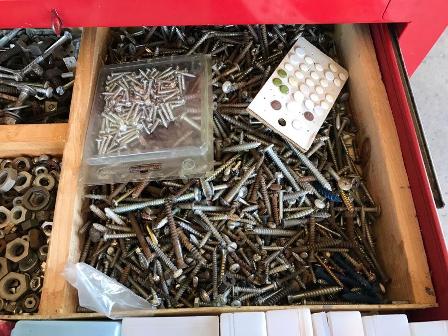 Vintage Red Sears CRAFTSMAN Rolling Toolbox Loaded With Tool Treasures Including Wood Planes, Vintage Hand Drills, Hand Files And Tons Of Hardware - SEE ALL PHOTOS [Photo 45]