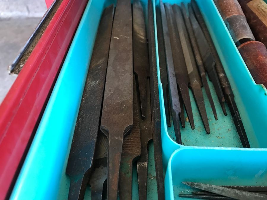 Vintage Red Sears CRAFTSMAN Rolling Toolbox Loaded With Tool Treasures Including Wood Planes, Vintage Hand Drills, Hand Files And Tons Of Hardware - SEE ALL PHOTOS [Photo 29]