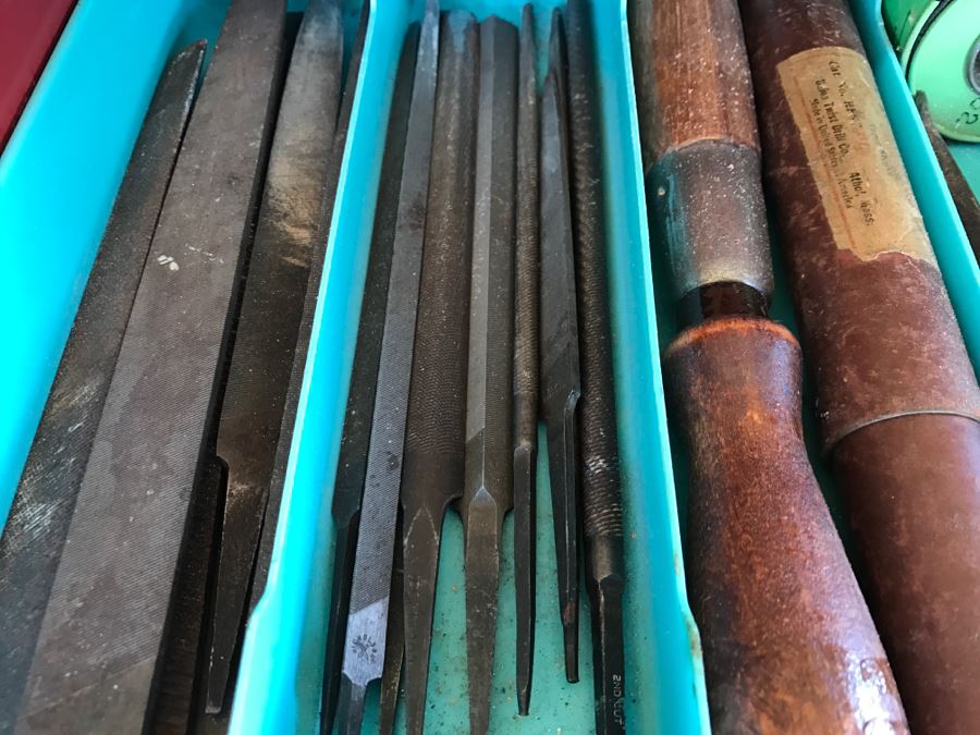 Vintage Red Sears CRAFTSMAN Rolling Toolbox Loaded With Tool Treasures Including Wood Planes, Vintage Hand Drills, Hand Files And Tons Of Hardware - SEE ALL PHOTOS [Photo 31]