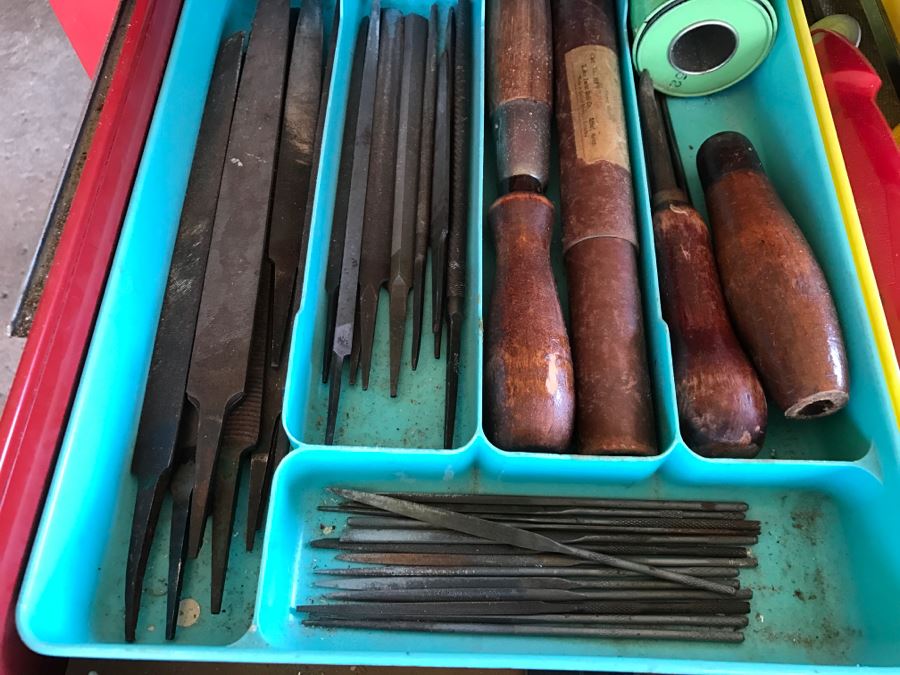 Vintage Red Sears CRAFTSMAN Rolling Toolbox Loaded With Tool Treasures Including Wood Planes, Vintage Hand Drills, Hand Files And Tons Of Hardware - SEE ALL PHOTOS [Photo 28]