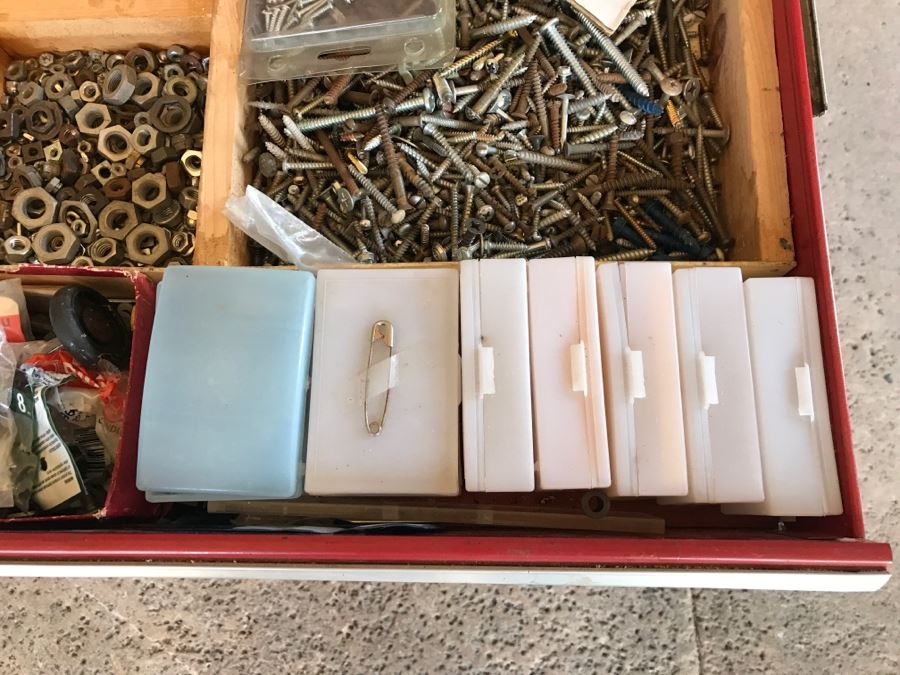 Vintage Red Sears CRAFTSMAN Rolling Toolbox Loaded With Tool Treasures Including Wood Planes, Vintage Hand Drills, Hand Files And Tons Of Hardware - SEE ALL PHOTOS [Photo 47]