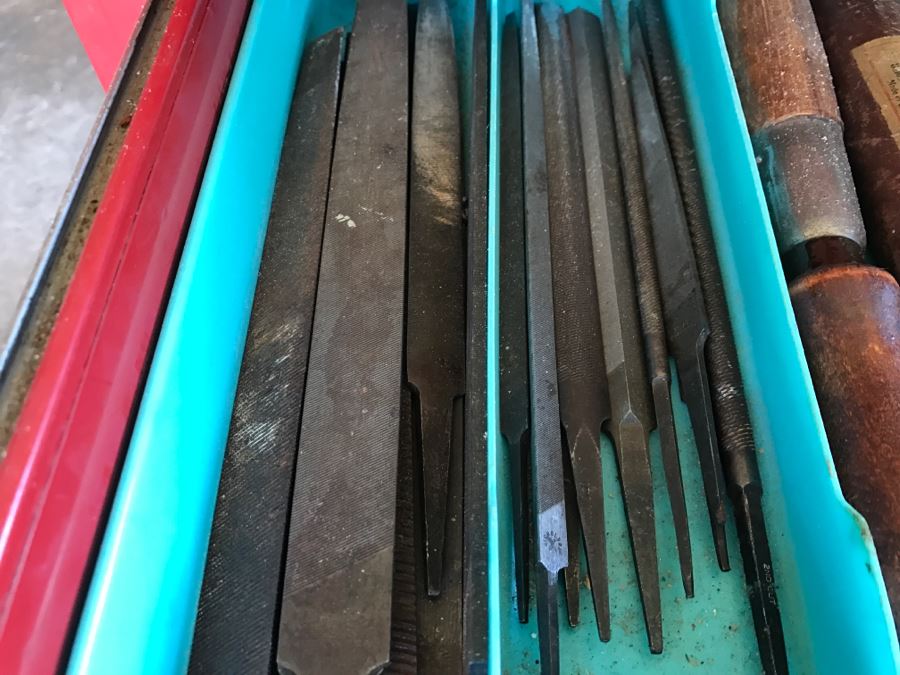 Vintage Red Sears CRAFTSMAN Rolling Toolbox Loaded With Tool Treasures Including Wood Planes, Vintage Hand Drills, Hand Files And Tons Of Hardware - SEE ALL PHOTOS [Photo 30]