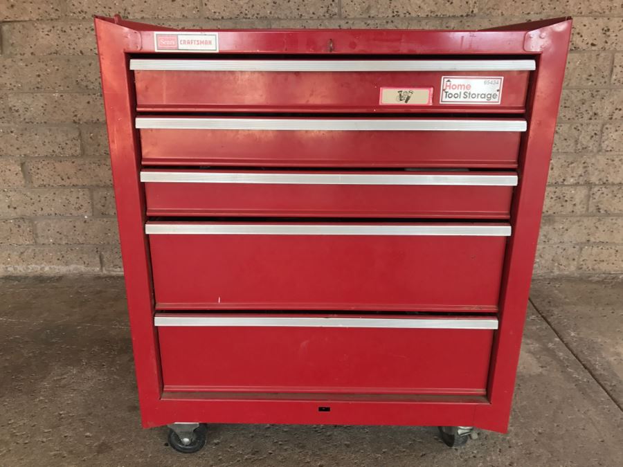 Vintage Red Sears CRAFTSMAN Rolling Toolbox Loaded With Tool Treasures Including Wood Planes, Vintage Hand Drills, Hand Files And Tons Of Hardware - SEE ALL PHOTOS [Photo 1]