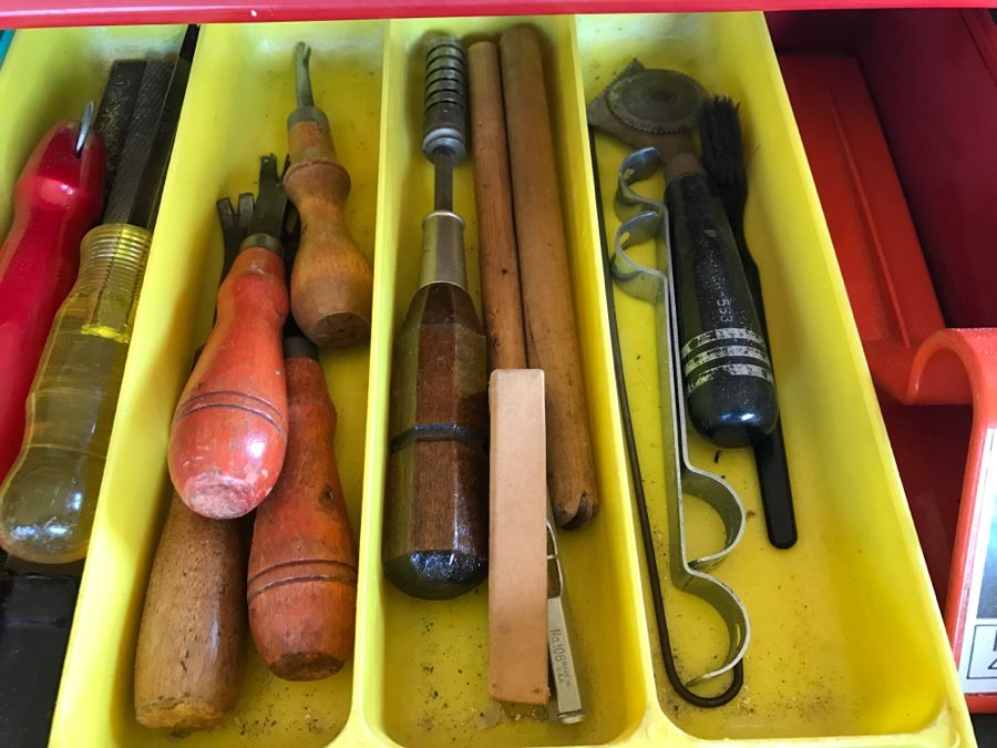 Vintage Red Sears CRAFTSMAN Rolling Toolbox Loaded With Tool Treasures Including Wood Planes, Vintage Hand Drills, Hand Files And Tons Of Hardware - SEE ALL PHOTOS [Photo 36]