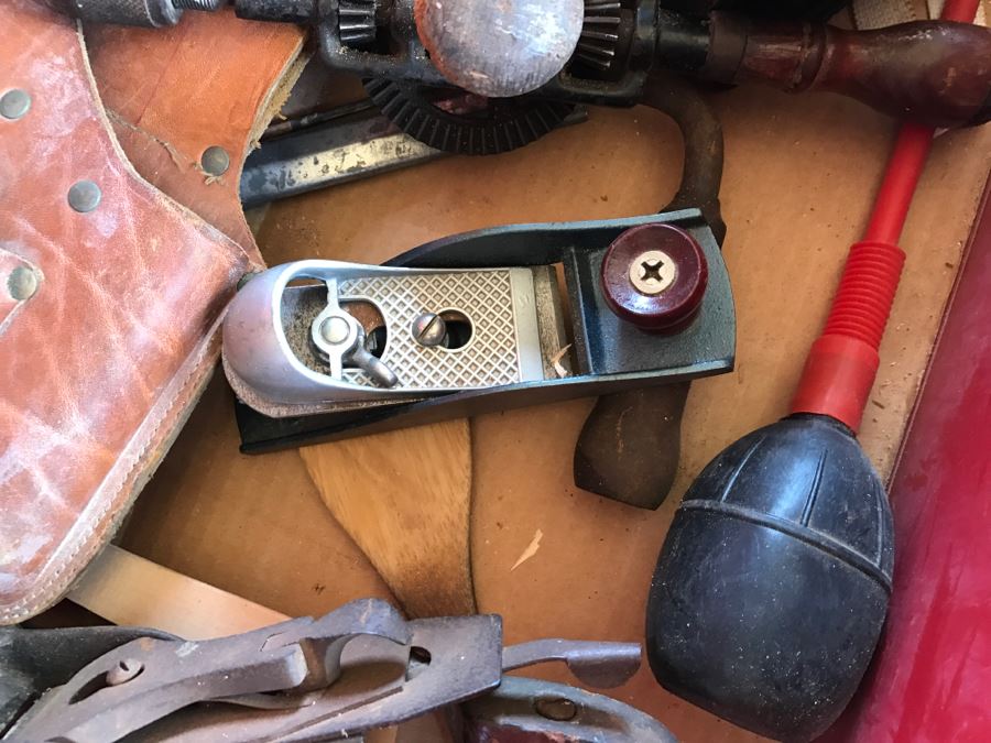 Vintage Red Sears CRAFTSMAN Rolling Toolbox Loaded With Tool Treasures Including Wood Planes, Vintage Hand Drills, Hand Files And Tons Of Hardware - SEE ALL PHOTOS [Photo 8]