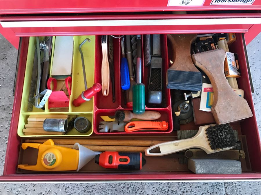 Vintage Red Sears CRAFTSMAN Rolling Toolbox Loaded With Tool Treasures Including Wood Planes, Vintage Hand Drills, Hand Files And Tons Of Hardware - SEE ALL PHOTOS [Photo 21]