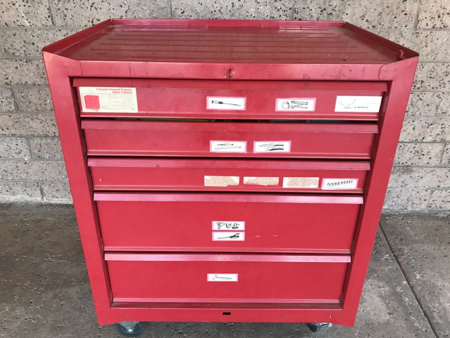 5-Drawer Roller Toolbox Cabinet Loaded With Tools Including Craftsman Sockets, Craftsman Wrenches, Screwdrivers, Knives, Chisels, Pliers, Power Tools - SEE ALL PHOTOS [Photo 3]