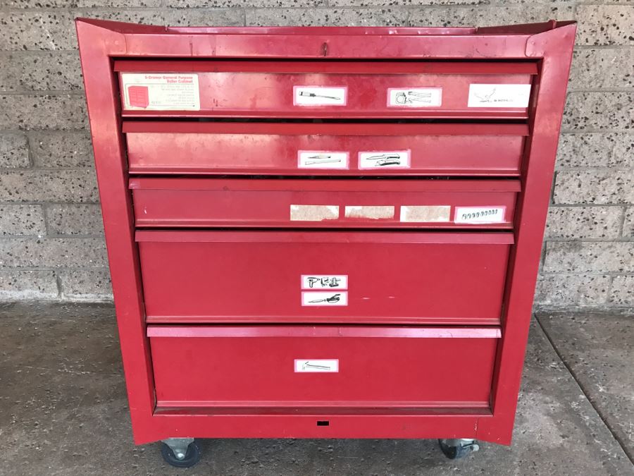 5-Drawer Roller Toolbox Cabinet Loaded With Tools Including Craftsman Sockets, Craftsman Wrenches, Screwdrivers, Knives, Chisels, Pliers, Power Tools - SEE ALL PHOTOS