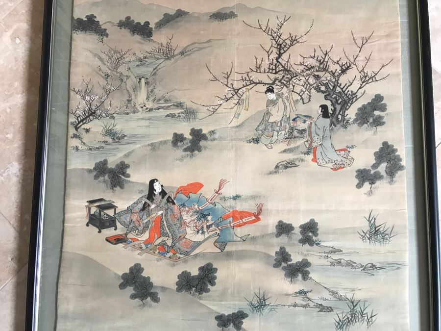 Original Vintage Japanese Silk Landscape Painting Nicely Framed 30' X 36' [Photo 3]