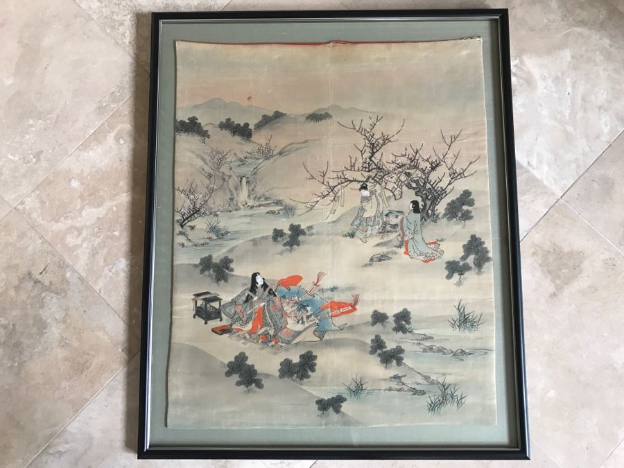 Original Vintage Japanese Silk Landscape Painting Nicely Framed 30' X 36'