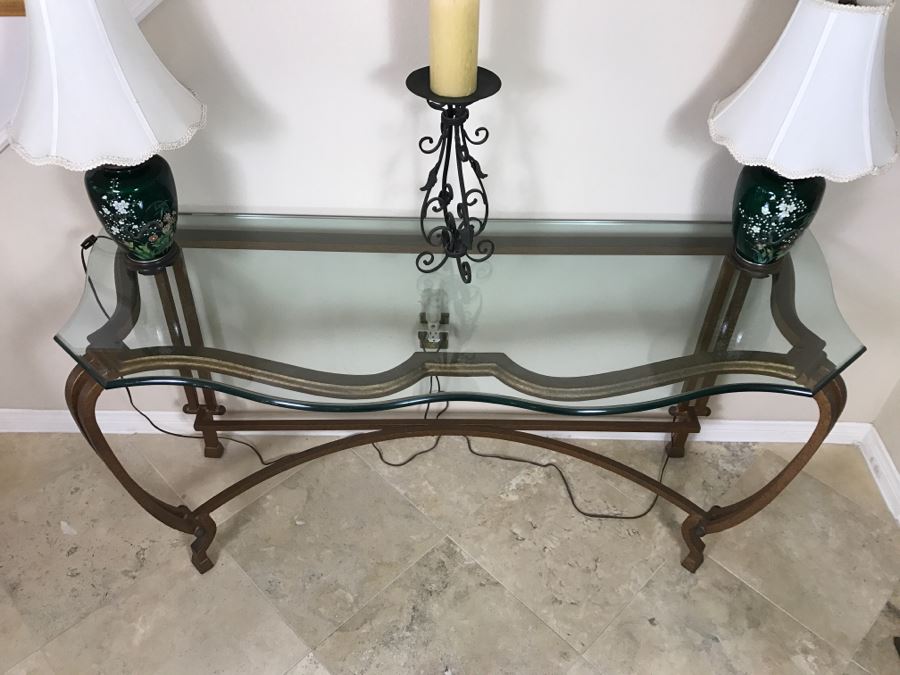 Gilt Metal Console Sofa Table With Glass Top 58'W X 22'D X 28.5'H [Photo 3]