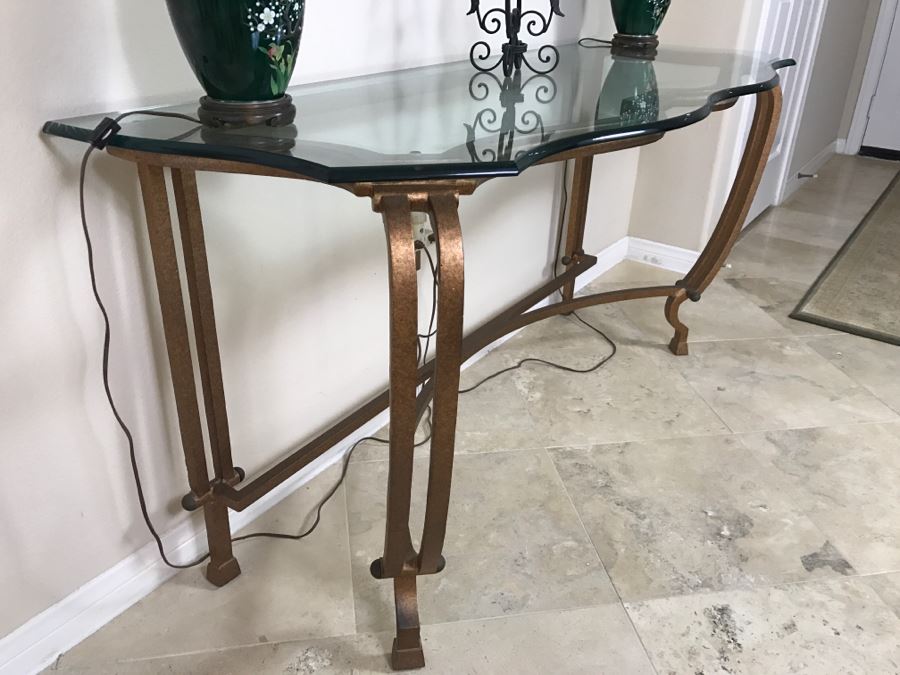 Gilt Metal Console Sofa Table With Glass Top 58'W X 22'D X 28.5'H [Photo 4]
