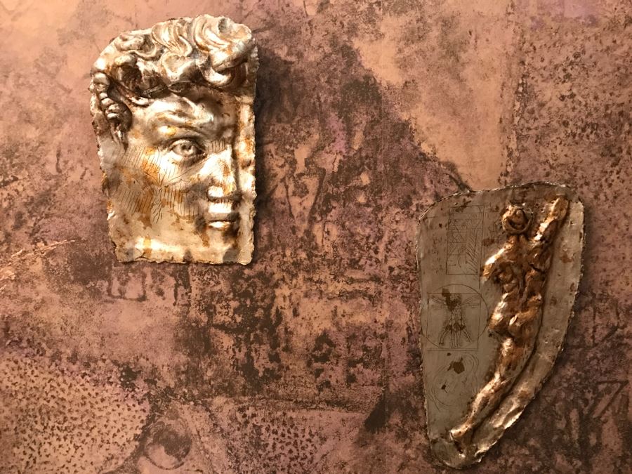 Pair Of Gold Paper Papier Mache Hand Signed Artwork Sculptural Pieces Firenze By Florentine Maskmaker Bijan - David And Leonardo