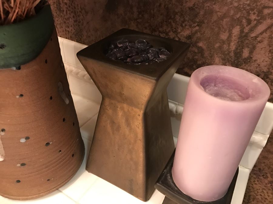 Home Decor Lot Featuring Vases, Faux Flower Arrangement, Candle Holder And Handled Vessel  [Photo 7]