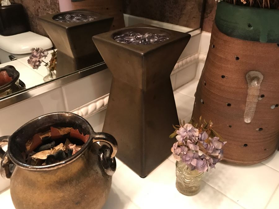 Home Decor Lot Featuring Vases, Faux Flower Arrangement, Candle Holder And Handled Vessel  [Photo 4]