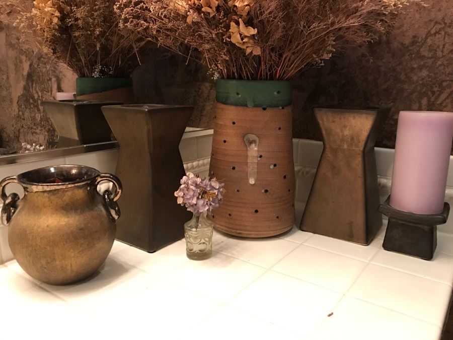 Home Decor Lot Featuring Vases, Faux Flower Arrangement, Candle Holder And Handled Vessel  [Photo 9]