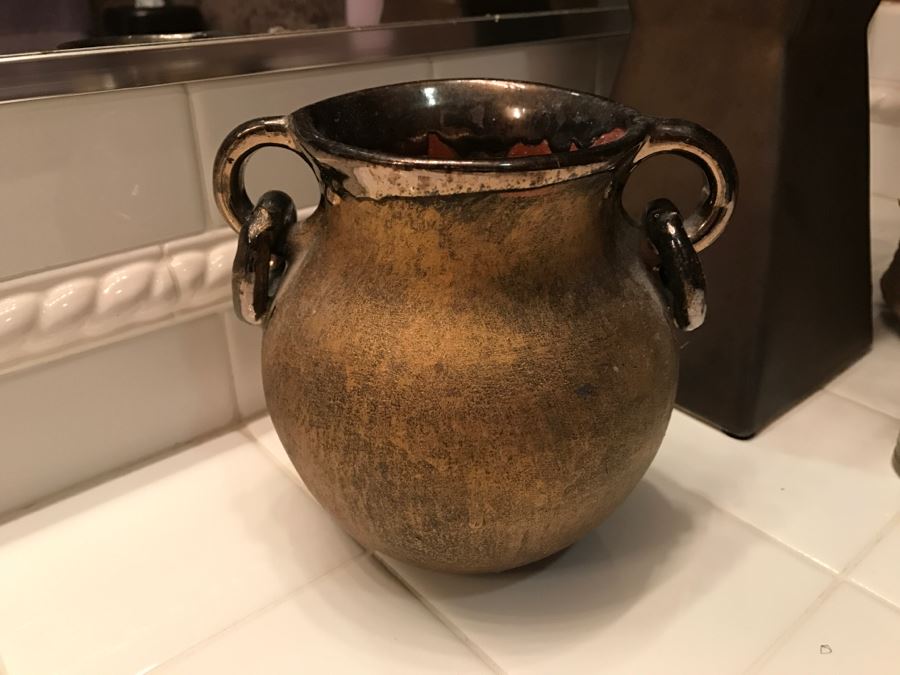 Home Decor Lot Featuring Vases, Faux Flower Arrangement, Candle Holder And Handled Vessel  [Photo 3]