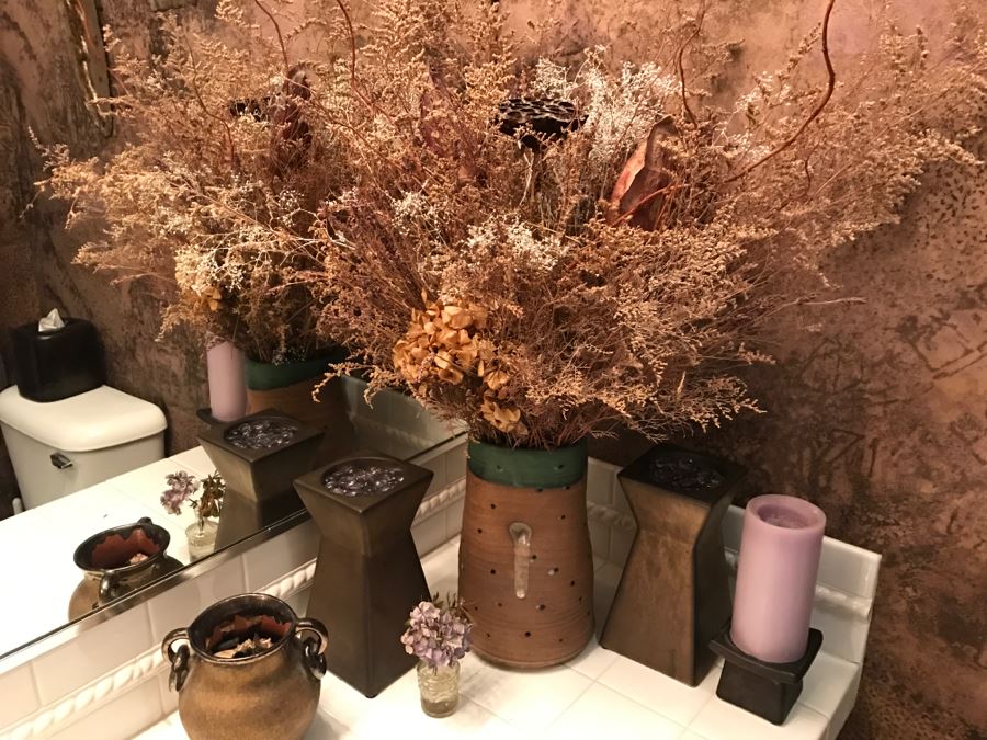 Home Decor Lot Featuring Vases, Faux Flower Arrangement, Candle Holder And Handled Vessel  [Photo 2]