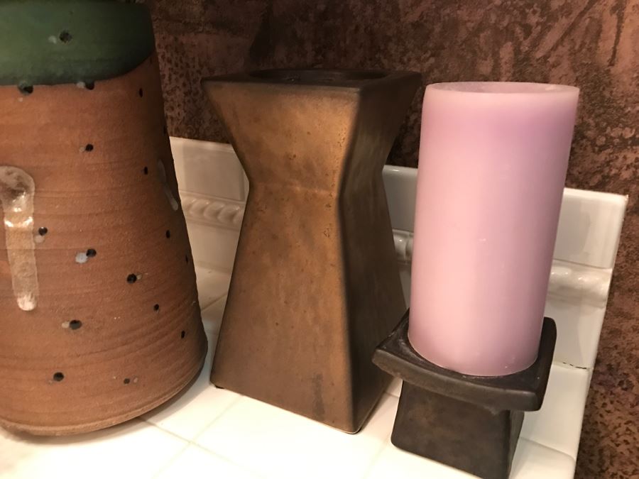 Home Decor Lot Featuring Vases, Faux Flower Arrangement, Candle Holder And Handled Vessel  [Photo 6]