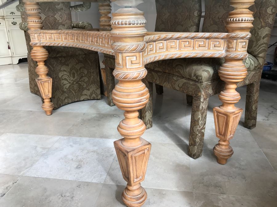 Stunning Designer Dining Table With Detailed Wooden Base And Glass Top With 6 Upholstered Dining Chairs [Photo 5]