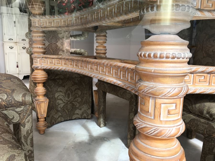 Stunning Designer Dining Table With Detailed Wooden Base And Glass Top With 6 Upholstered Dining Chairs [Photo 17]