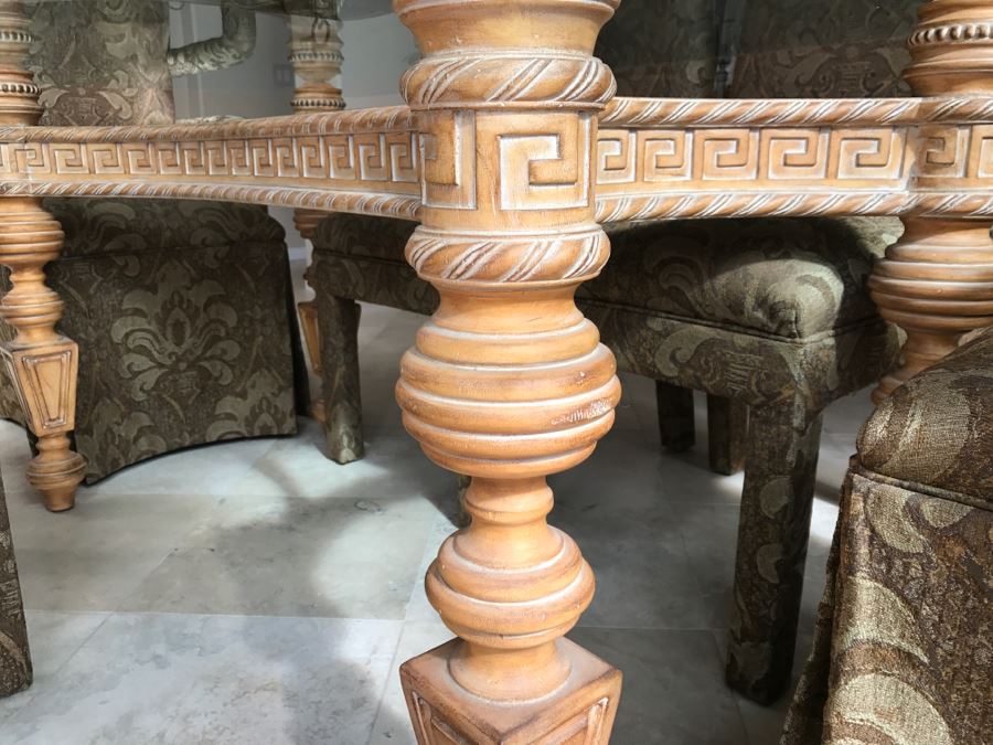 Stunning Designer Dining Table With Detailed Wooden Base And Glass Top With 6 Upholstered Dining Chairs [Photo 18]