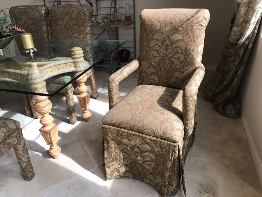 Stunning Designer Dining Table With Detailed Wooden Base And Glass Top With 6 Upholstered Dining Chairs [Photo 13]