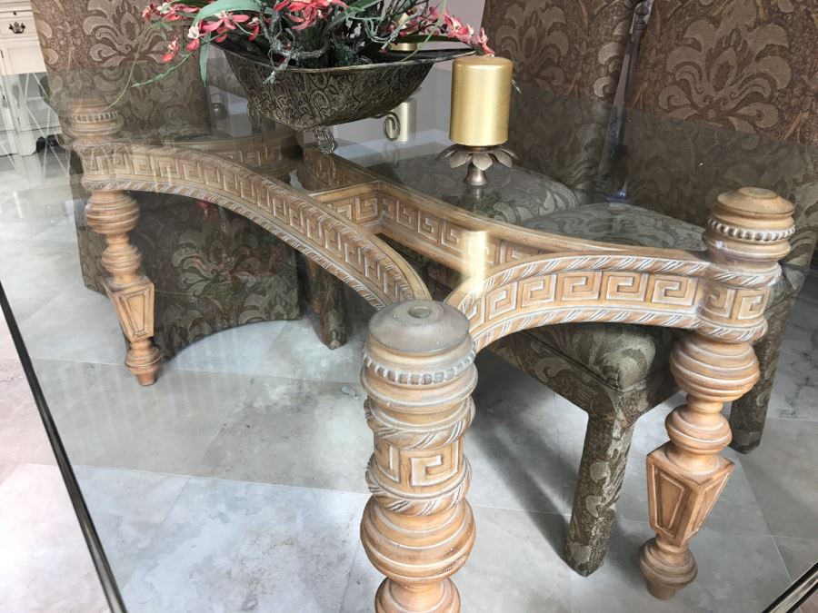 Stunning Designer Dining Table With Detailed Wooden Base And Glass Top With 6 Upholstered Dining Chairs [Photo 7]