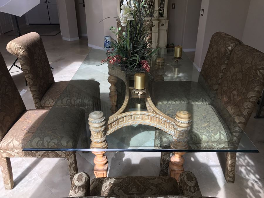 Stunning Designer Dining Table With Detailed Wooden Base And Glass Top With 6 Upholstered Dining Chairs [Photo 10]