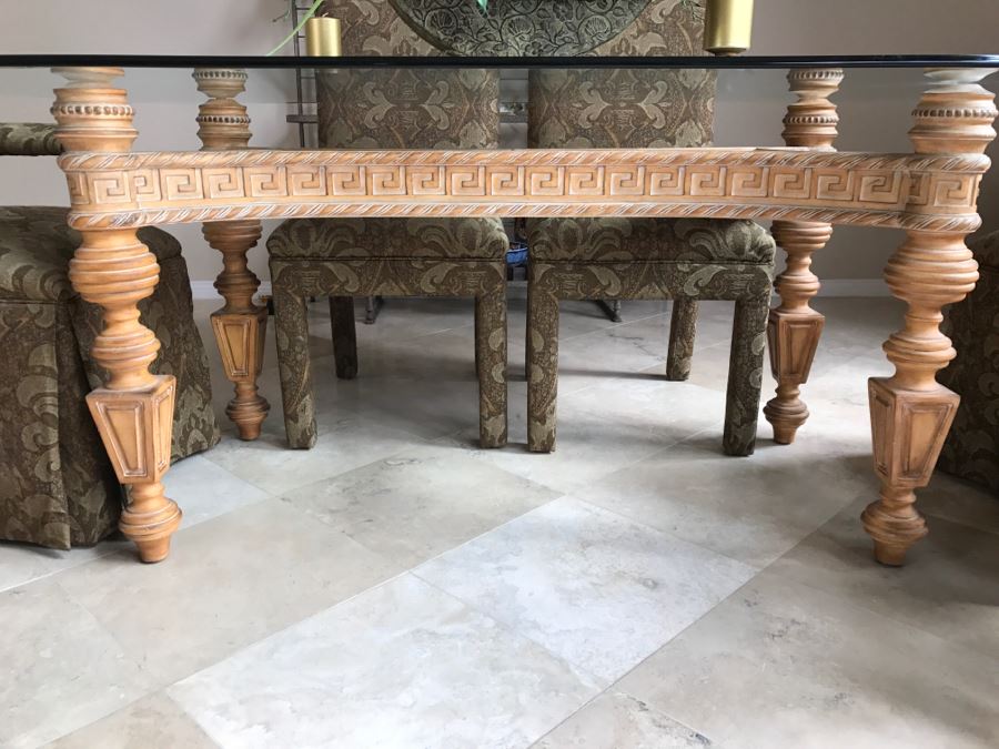 Stunning Designer Dining Table With Detailed Wooden Base And Glass Top With 6 Upholstered Dining Chairs [Photo 4]