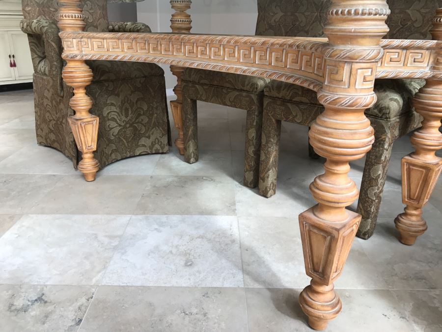 Stunning Designer Dining Table With Detailed Wooden Base And Glass Top With 6 Upholstered Dining Chairs [Photo 6]