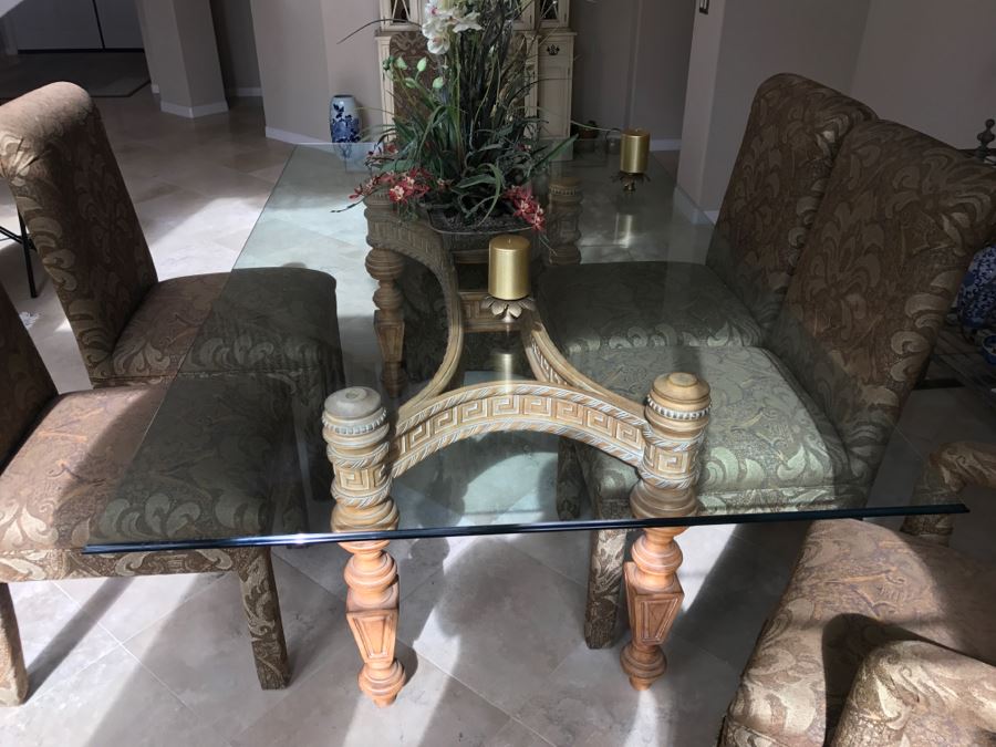 Stunning Designer Dining Table With Detailed Wooden Base And Glass Top With 6 Upholstered Dining Chairs [Photo 8]