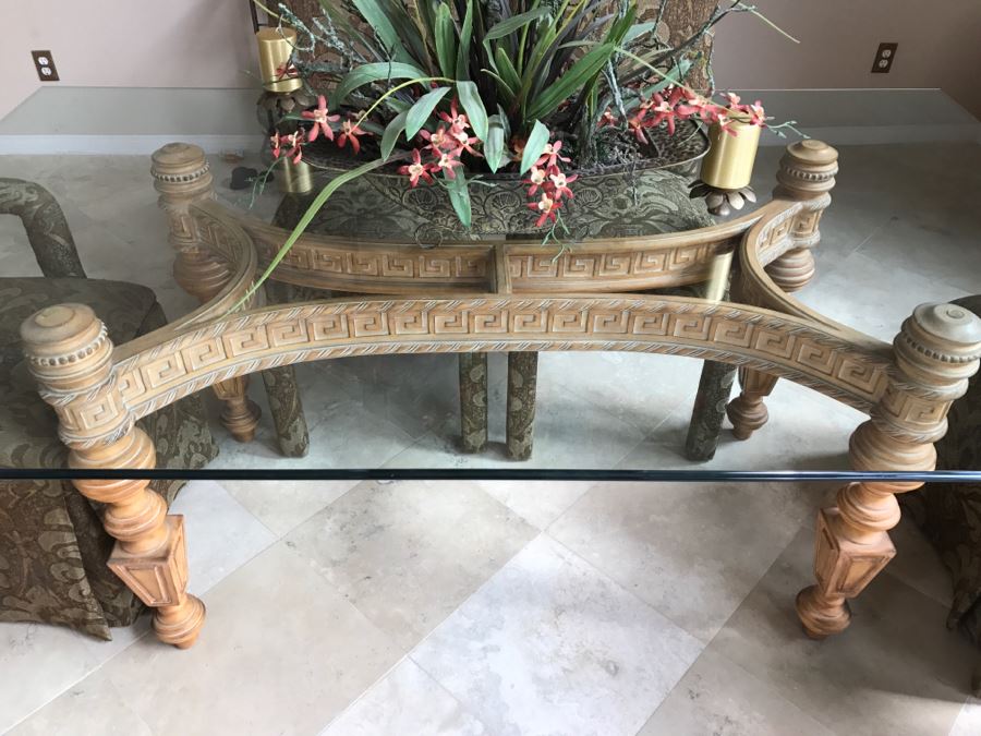 Stunning Designer Dining Table With Detailed Wooden Base And Glass Top With 6 Upholstered Dining Chairs [Photo 2]