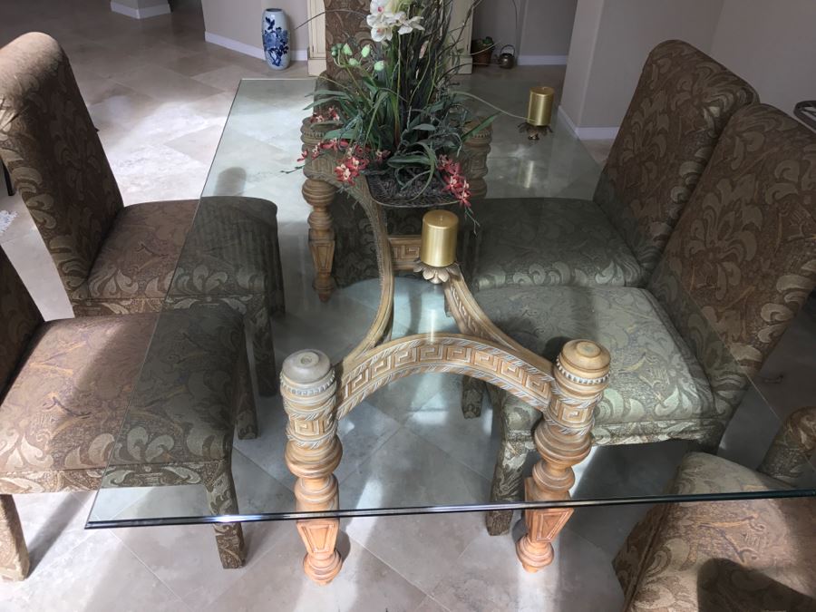 Stunning Designer Dining Table With Detailed Wooden Base And Glass Top With 6 Upholstered Dining Chairs [Photo 9]