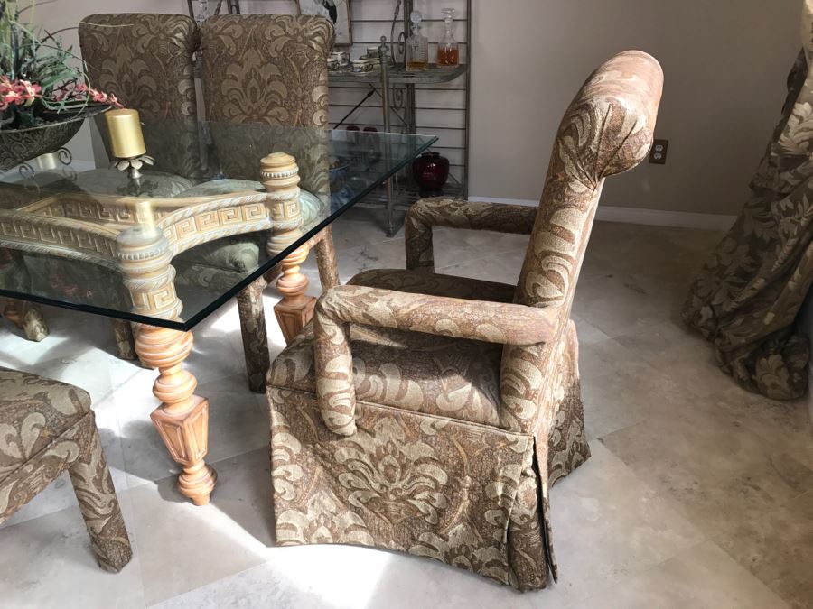 Stunning Designer Dining Table With Detailed Wooden Base And Glass Top With 6 Upholstered Dining Chairs [Photo 12]