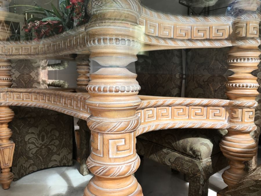 Stunning Designer Dining Table With Detailed Wooden Base And Glass Top With 6 Upholstered Dining Chairs [Photo 16]