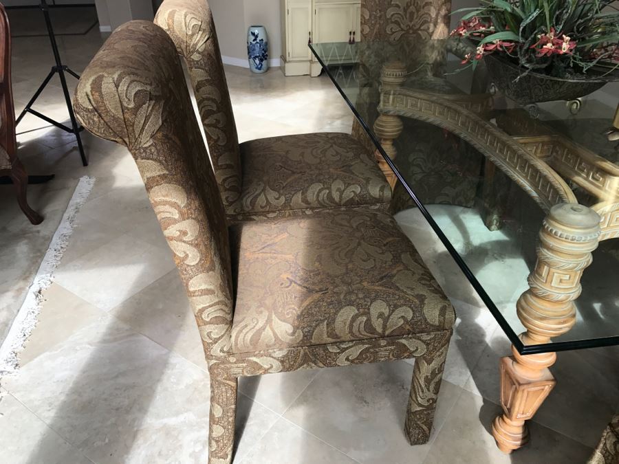 Stunning Designer Dining Table With Detailed Wooden Base And Glass Top With 6 Upholstered Dining Chairs [Photo 11]