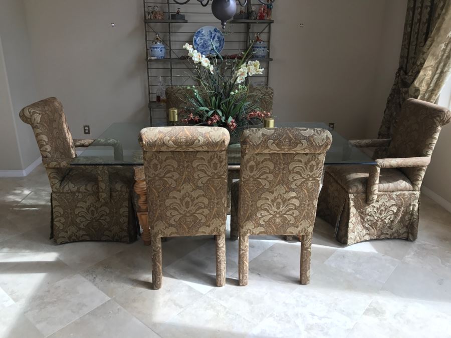 Stunning Designer Dining Table With Detailed Wooden Base And Glass Top With 6 Upholstered Dining Chairs [Photo 3]