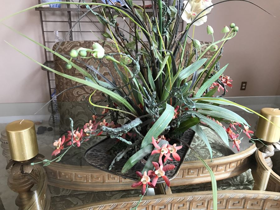 Large Artificial Flower Arrangement In Metal Planter Plus Pair Of Metal Candle Holders [Photo 7]