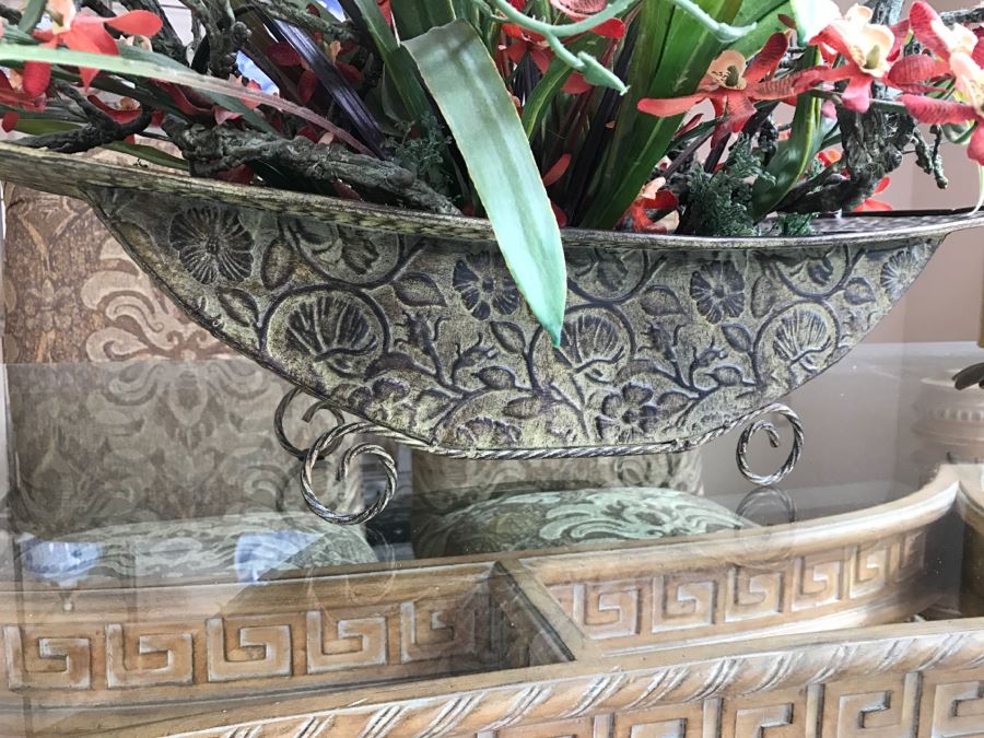 Large Artificial Flower Arrangement In Metal Planter Plus Pair Of Metal Candle Holders [Photo 2]