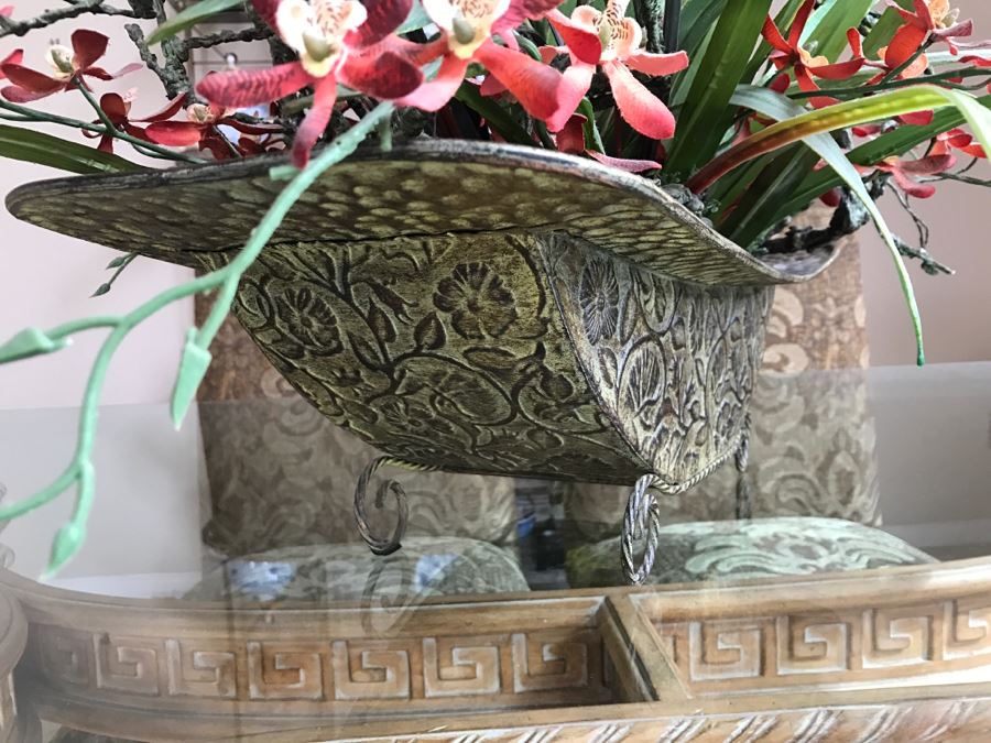 Large Artificial Flower Arrangement In Metal Planter Plus Pair Of Metal Candle Holders [Photo 3]