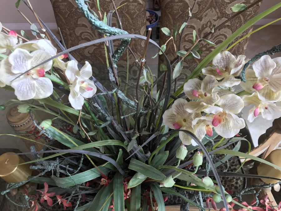 Large Artificial Flower Arrangement In Metal Planter Plus Pair Of Metal Candle Holders [Photo 8]