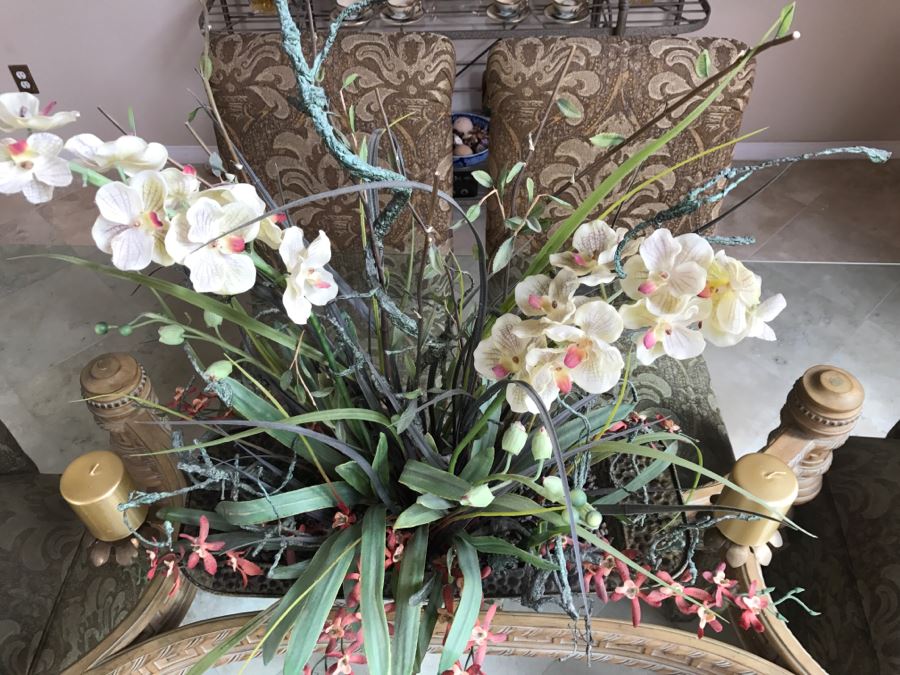 Large Artificial Flower Arrangement In Metal Planter Plus Pair Of Metal Candle Holders [Photo 4]