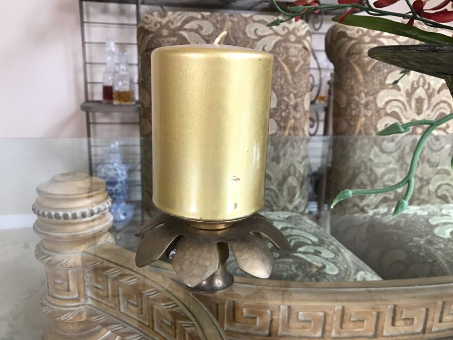 Large Artificial Flower Arrangement In Metal Planter Plus Pair Of Metal Candle Holders [Photo 5]